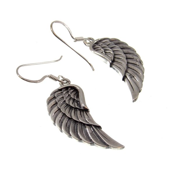 Handcrafted Solid 925 Sterling Silver Angel Wing Drop Dangle Hook Earrings - Picture 3 of 5